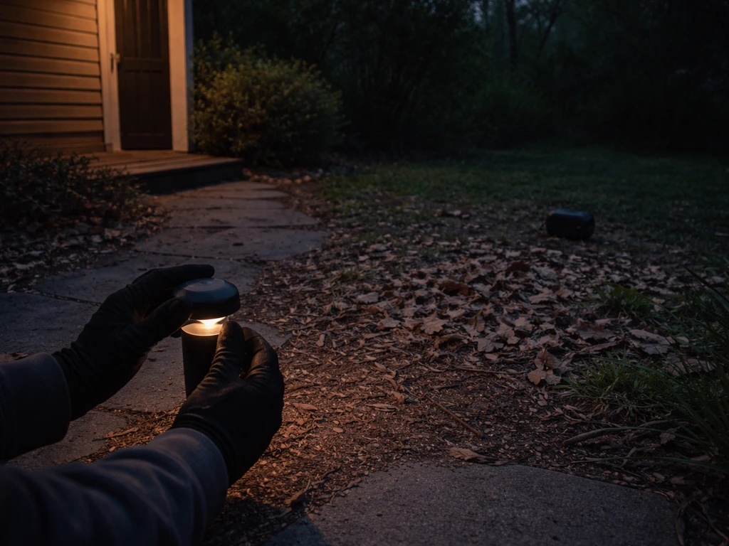 Night backyard scene with dimmed lights, leaf cover, an observation spot, and a small speaker on the ground.