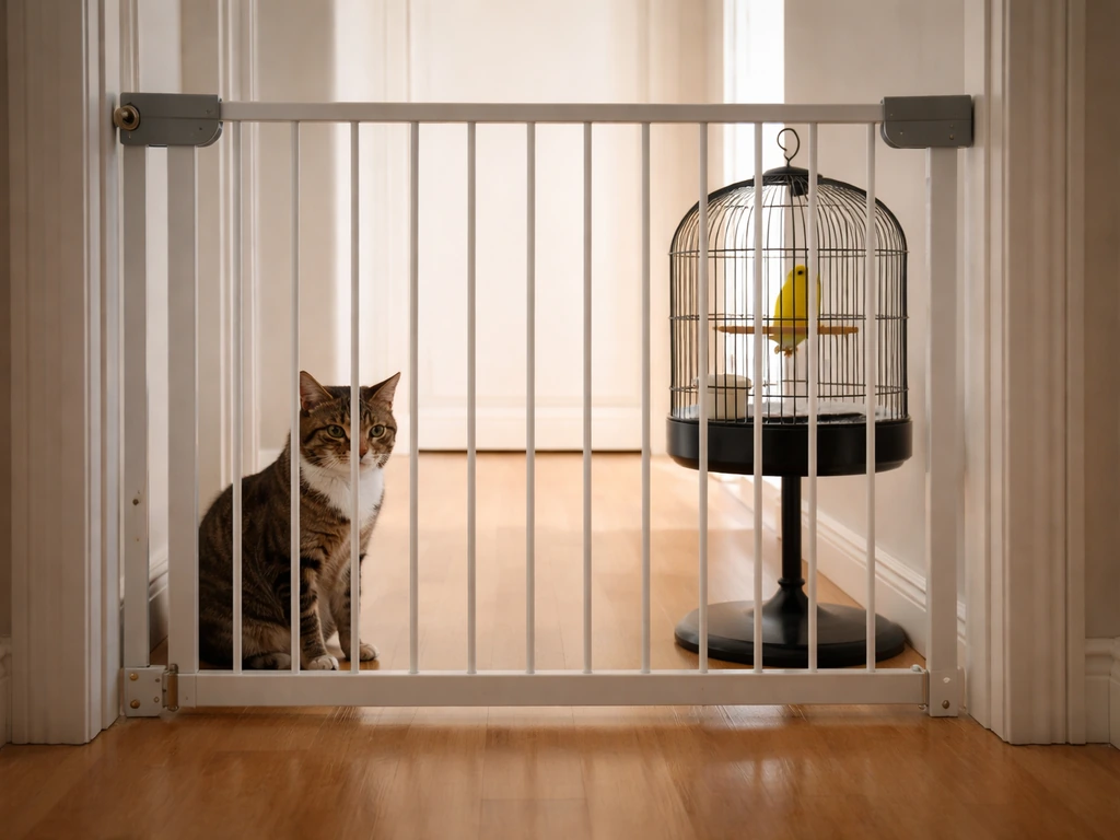 A calm cat and a small bird separated by a baby gate in a quiet home hallway
