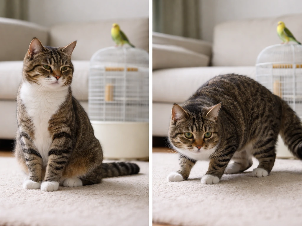 Split view of a calm cat with relaxed posture and a stressed cat crouched with a tense tail near a bird