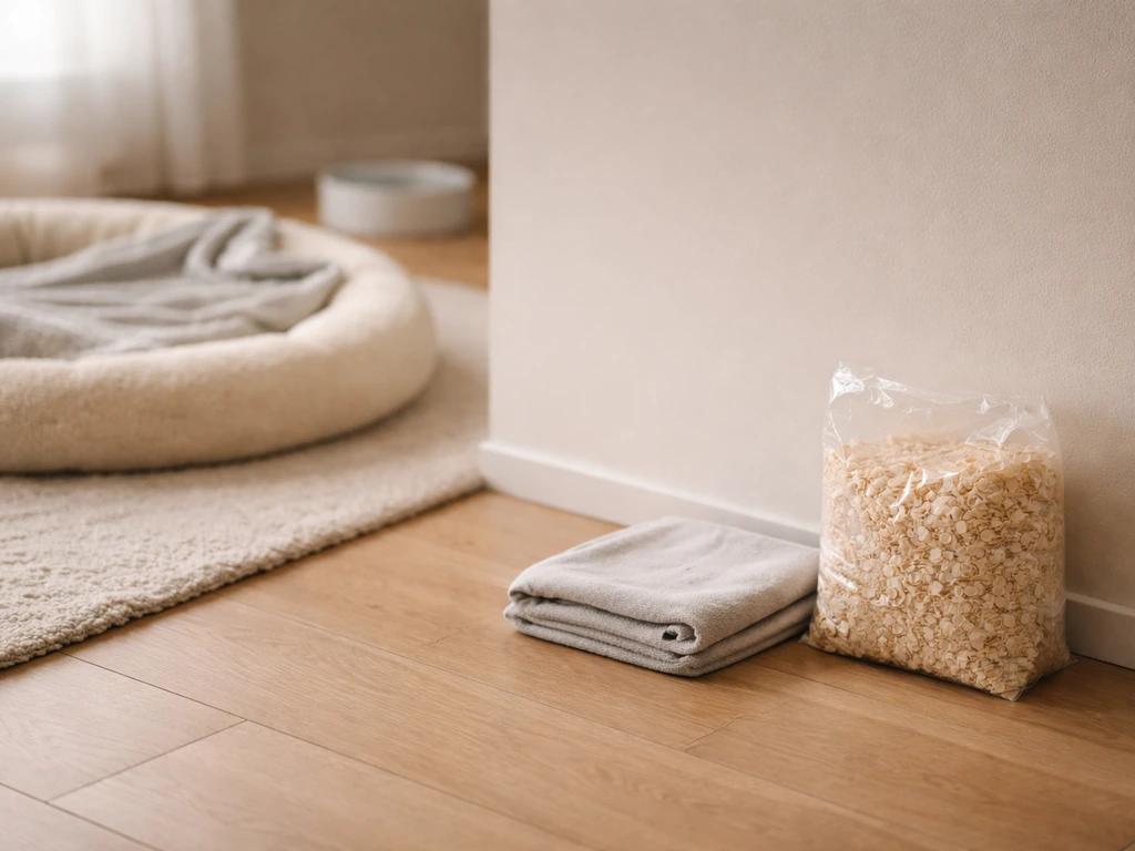 Cat resting area with bird bedding and cloth placed nearby, separated by a clear gap in a quiet room