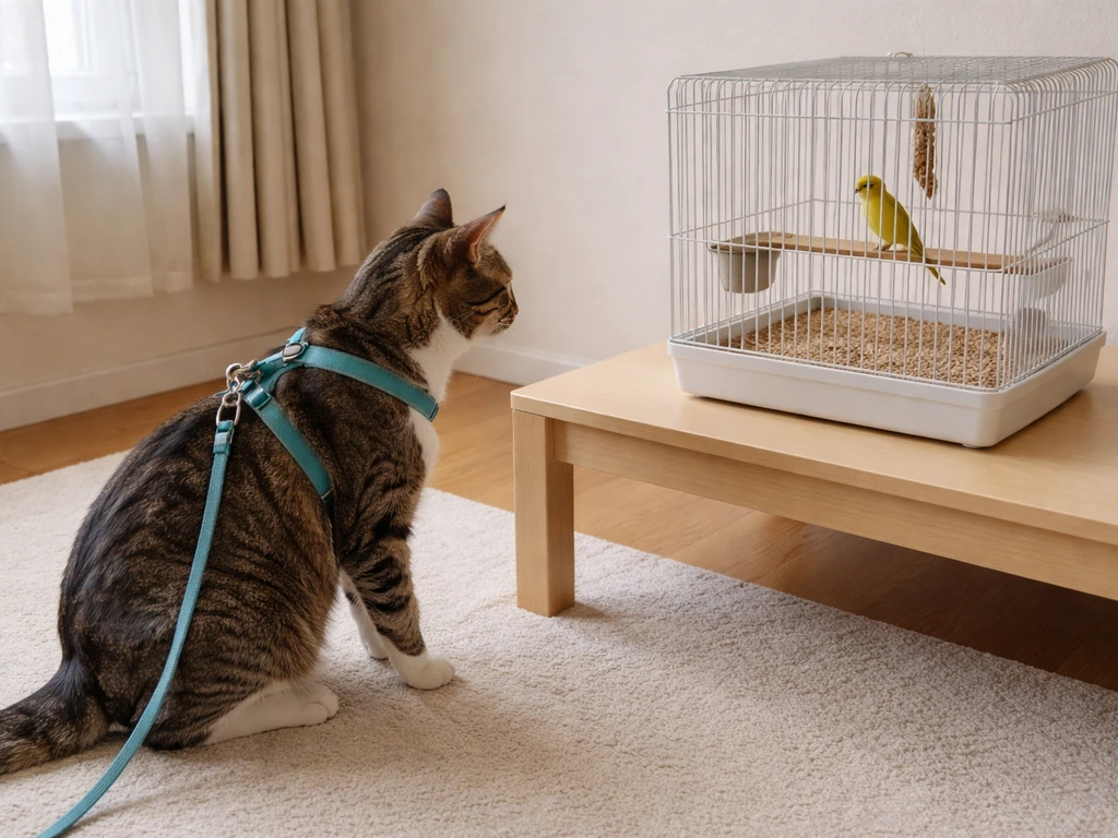 Leashed cat watching a bird inside a secured cage in a quiet living room