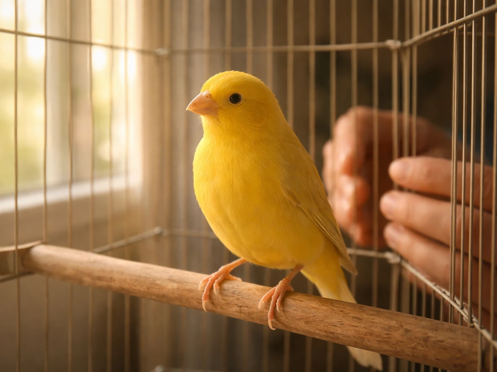Warm close-up of a calm canary perched in its cage with a gentle handler nearby.