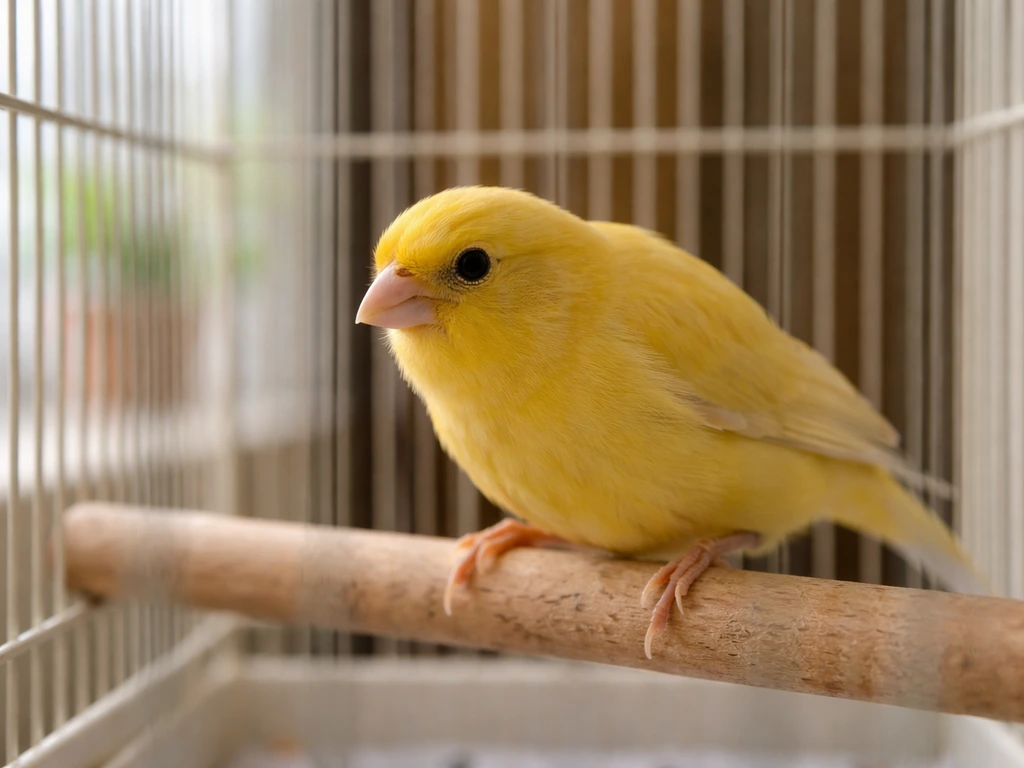 Close view of a canary inside a quiet cage, feathers slightly tight and flat, showing stress body language.