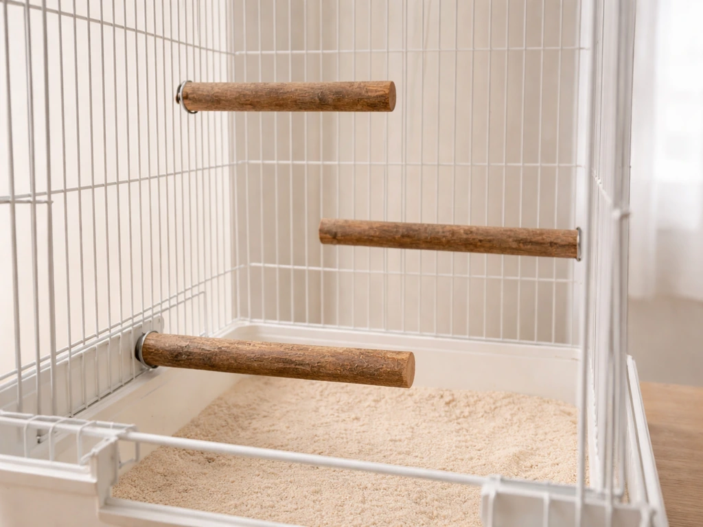 Canary cage with multiple perches at different heights, one accessible from outside for safe approach.