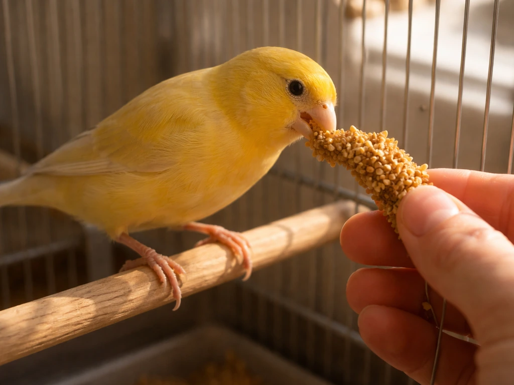 Calm yellow canary taking a millet spray treat from a person’s fingers inside its cage.