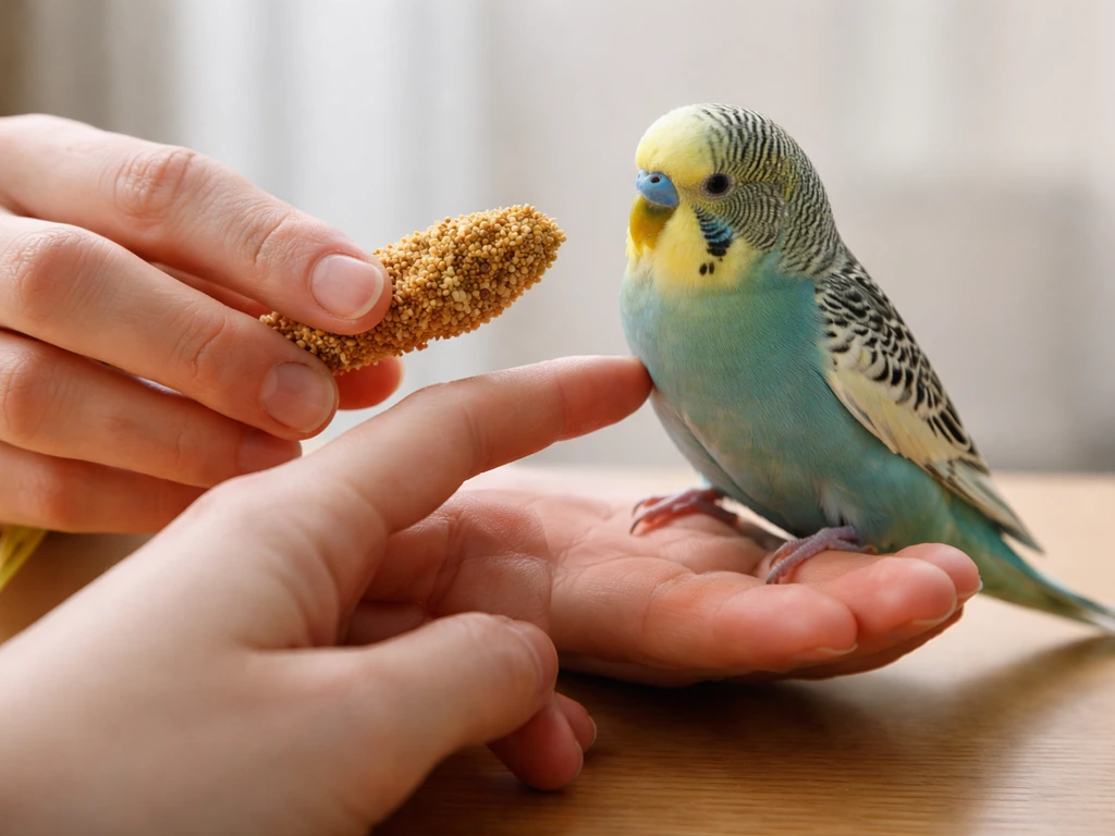 A small pet bird perched as one hand holds millet and the other index finger cues the lower chest.
