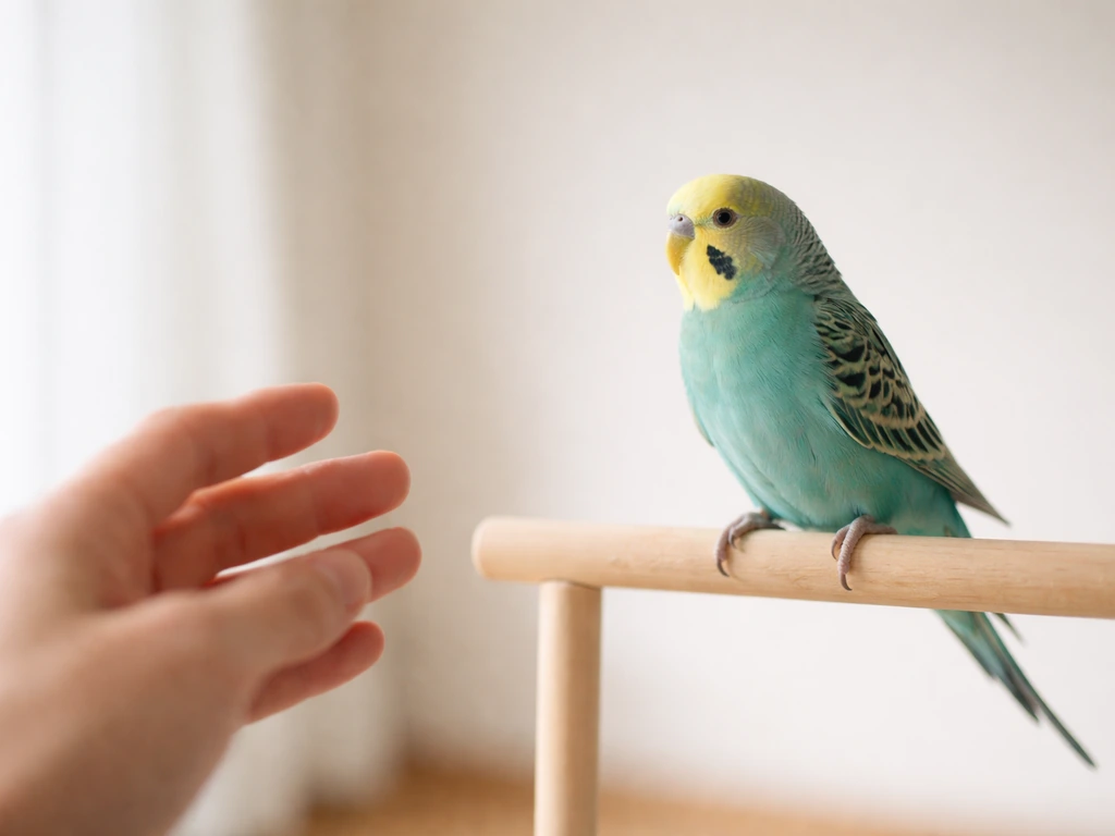 Small pet bird perched as an outstretched hand pulls back, showing calm retreat and slowed approach.