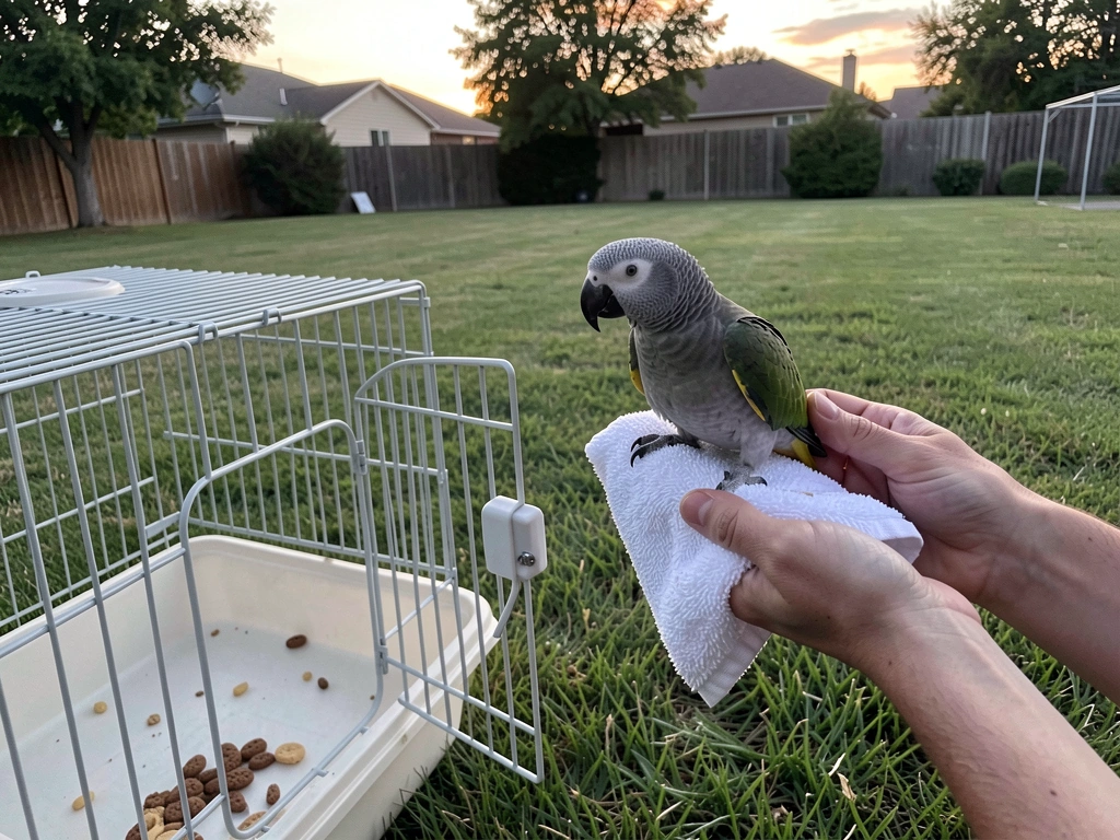 Owner gently prepares to cover-and-cup an escaped parrot with a towel beside an open carrier
