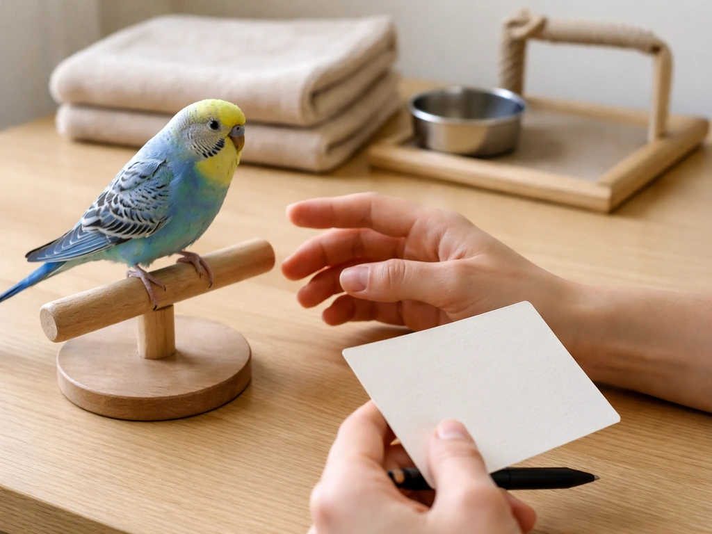 A person carefully observes a small pet bird on a perch beside a blank card before handling it.