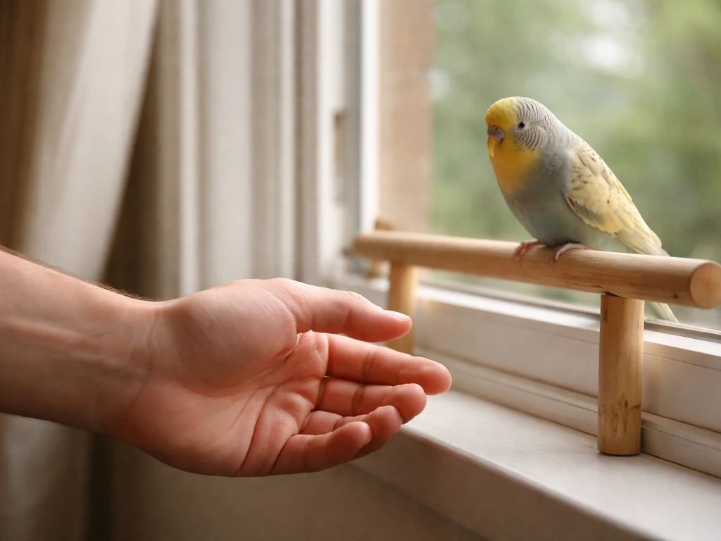 Person’s low, sideways hand approaches a bird on a window perch calmly.