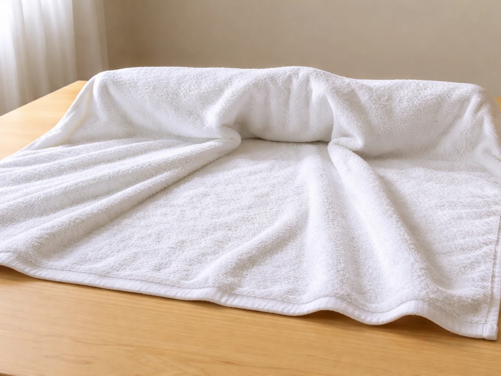 An opened bath towel spread flat on a table like a gentle barrier for guiding a bird safely.