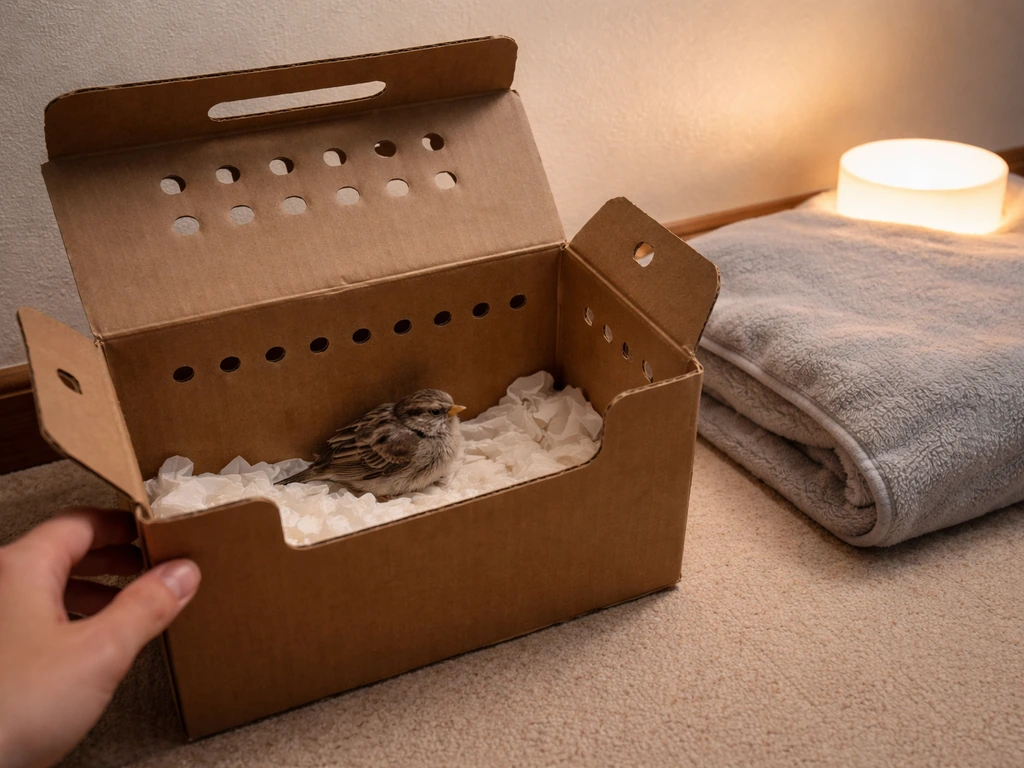 In a ventilated cardboard box, a small rescued bird rests in a quiet, warm recovery setup.
