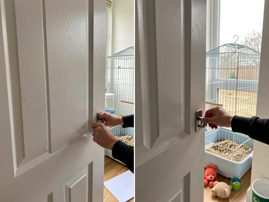 Person closing door and preparing bird cage setup immediately after a bird escapes.