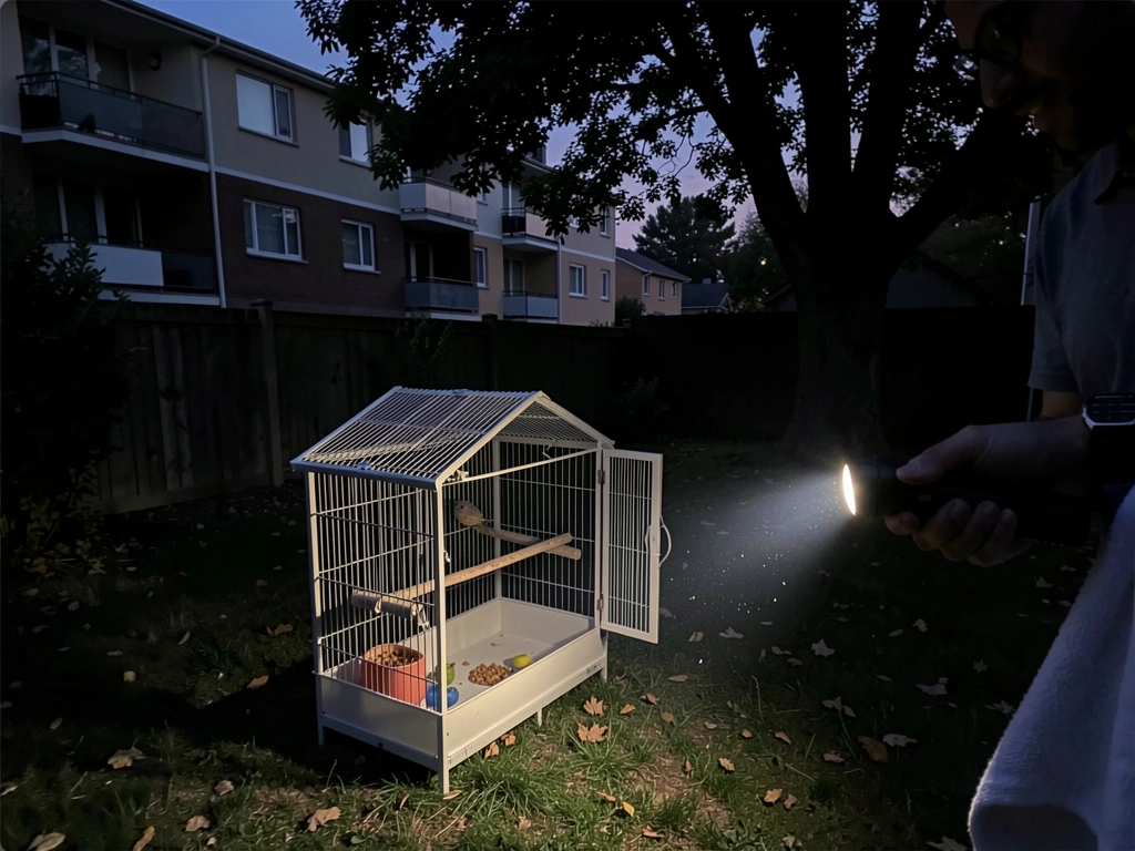 Open cage at night with low, indirect flashlight beam for a calm bird capture.