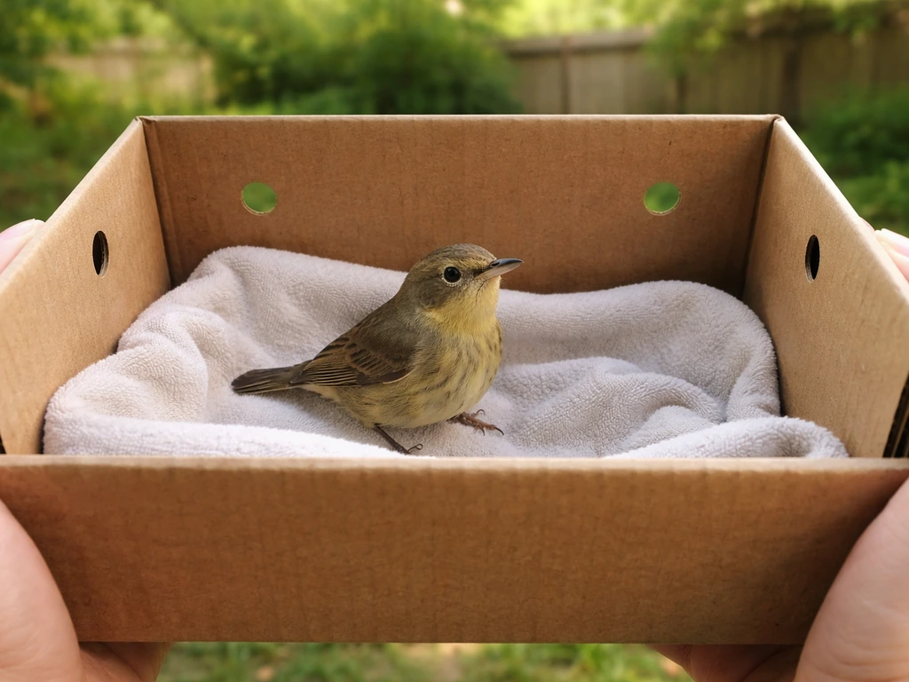 A small wild bird calmly contained in a ventilated cardboard box with a soft liner in a backyard