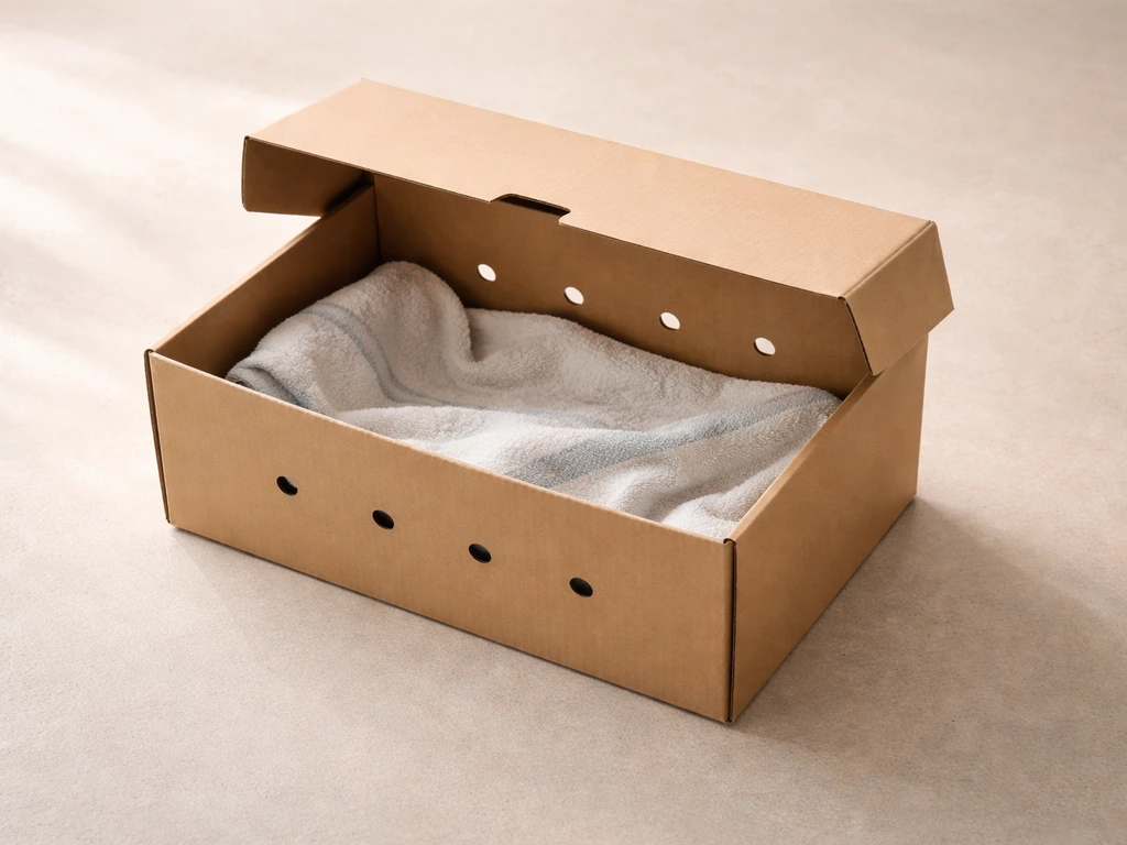 A shoebox lined with a soft towel and ventilation holes, prepared for humane bird transport, no bird present.