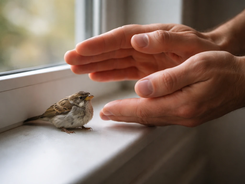 Humane bare-hands cupped from above capturing a stunned bird on a windowsill