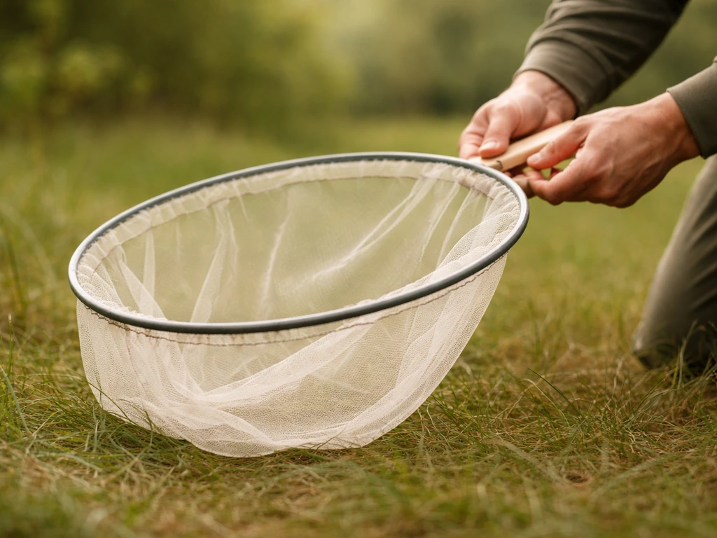 Close view of hands holding a soft butterfly net low near the ground, ready to catch a mobile bird.