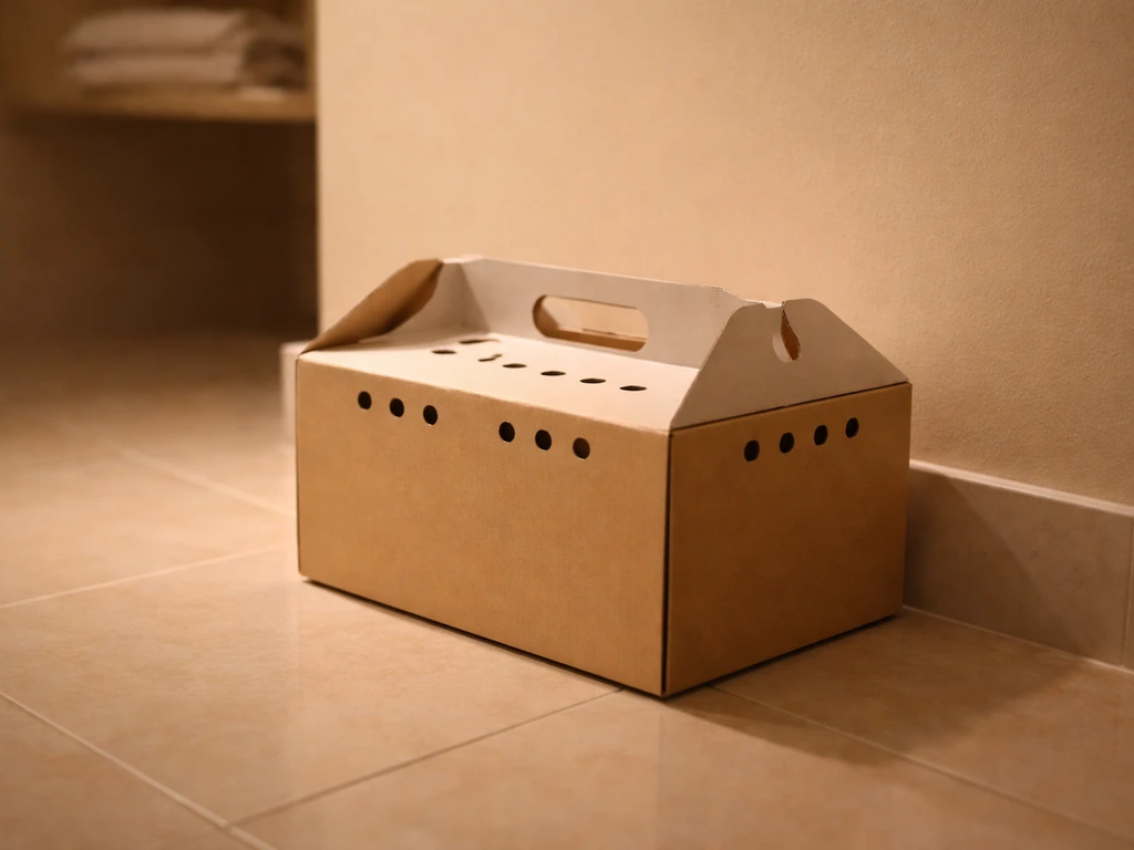 Closed ventilated bird box resting in a warm dim bathroom, away from sunlight and pets