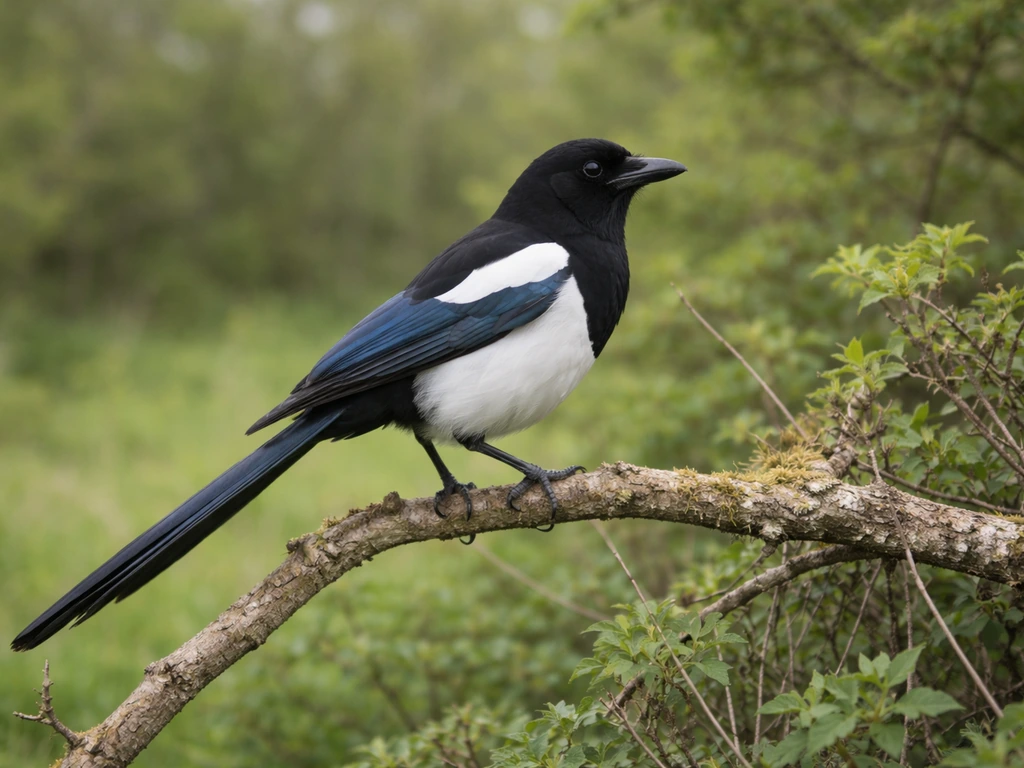 Eurasian magpie perched on a branch with black-and-white plumage and long tail in a quiet hedgerow.