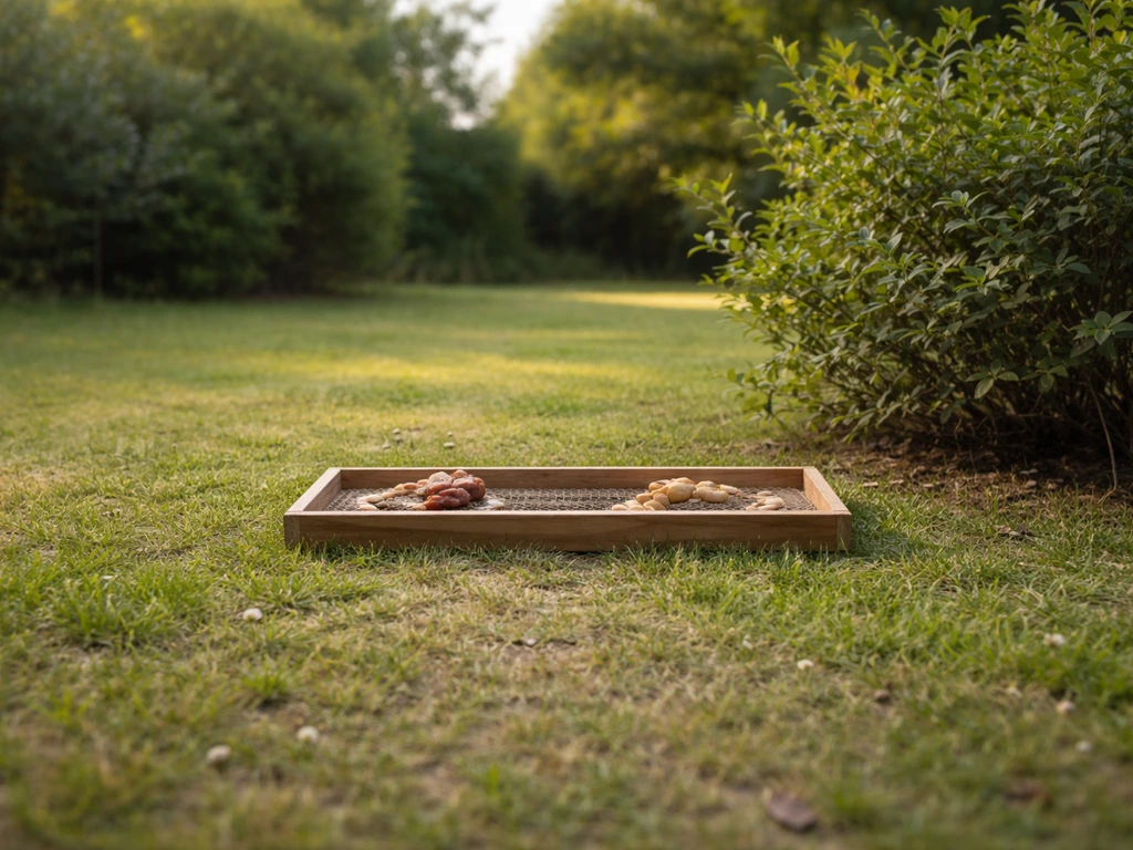 A simple magpie-friendly yard feeding station with open landing area and safe food under natural light.