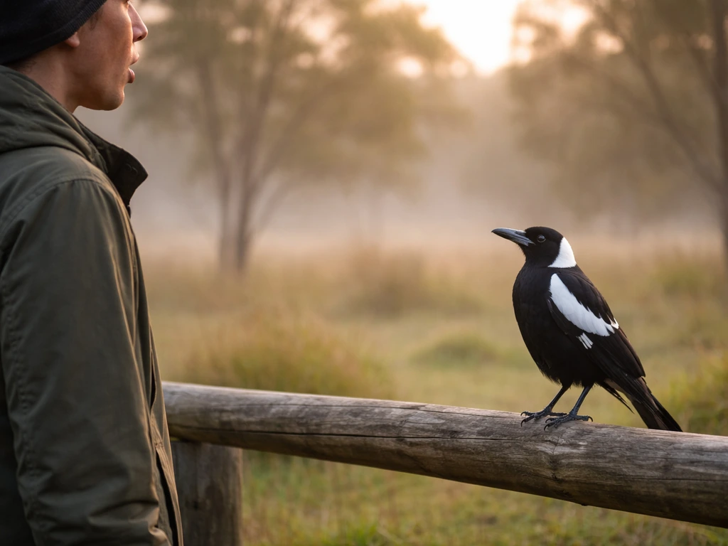 Person in profile stands quietly with a low mouth position while a magpie watches from a safe distance.