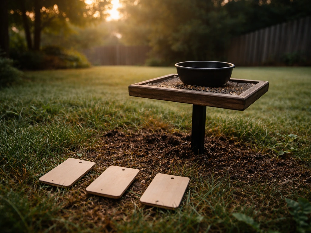 Empty bird feeder in a quiet yard with blank wooden cards near it, suggesting troubleshooting steps.