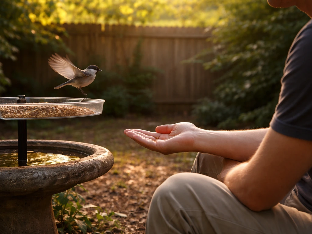 A seated person holds still as a small wild songbird approaches a feeder and birdbath nearby.