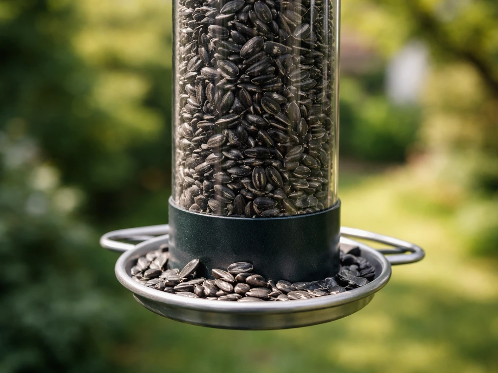 Close-up of black-oil sunflower seed in a clean tube bird feeder with a few seeds scattered nearby.