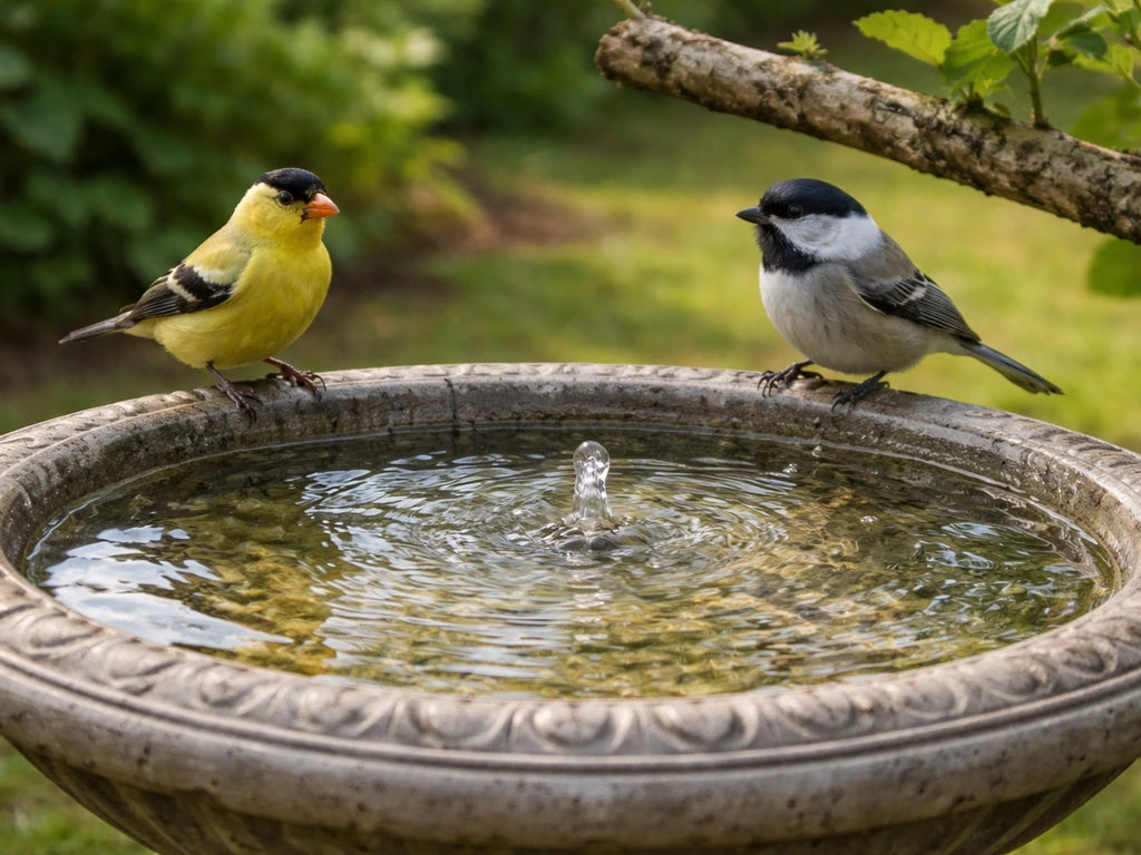 Shallow birdbath with 1.5–2 inches of clean water, a couple of small birds perched nearby