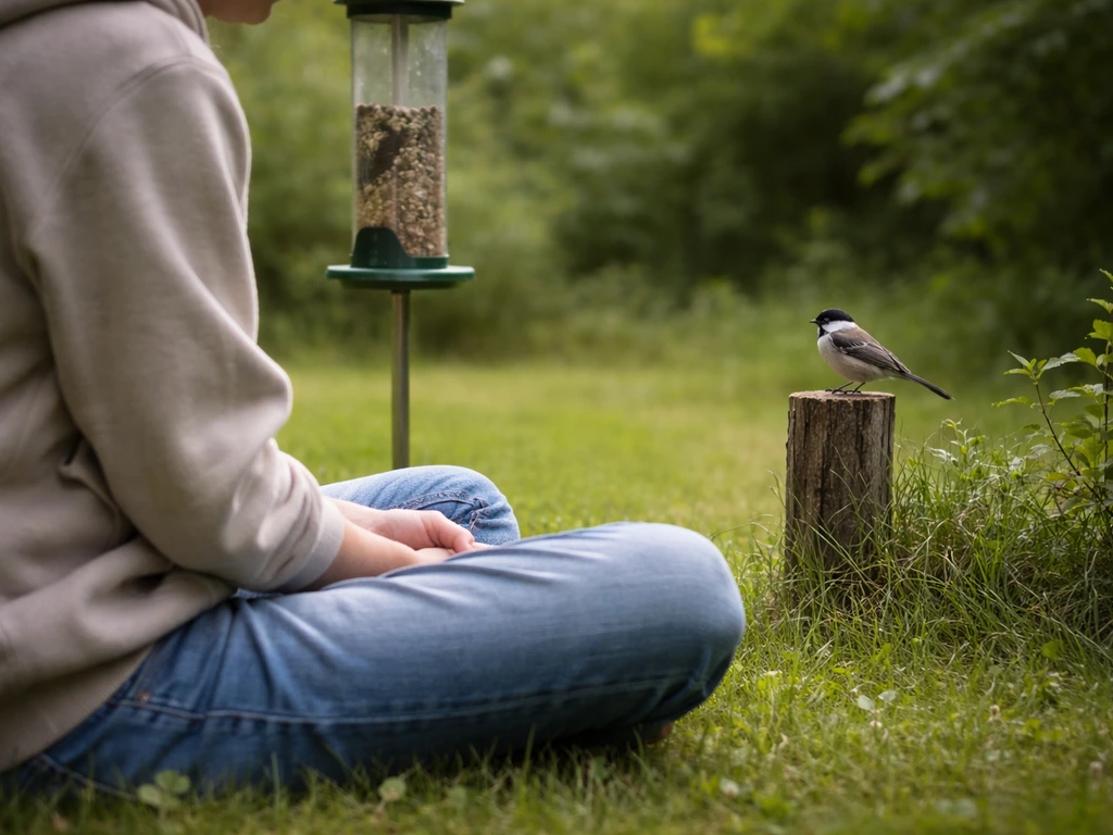 Anonymous person seated low and still by a backyard bird feeder while a wild bird watches at a safe distance.