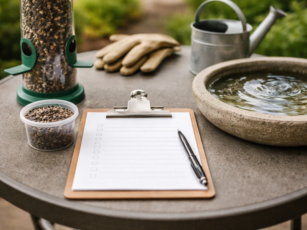 Clipboard checklist beside a bird feeder, seed container, and shallow birdbath water on a patio table.