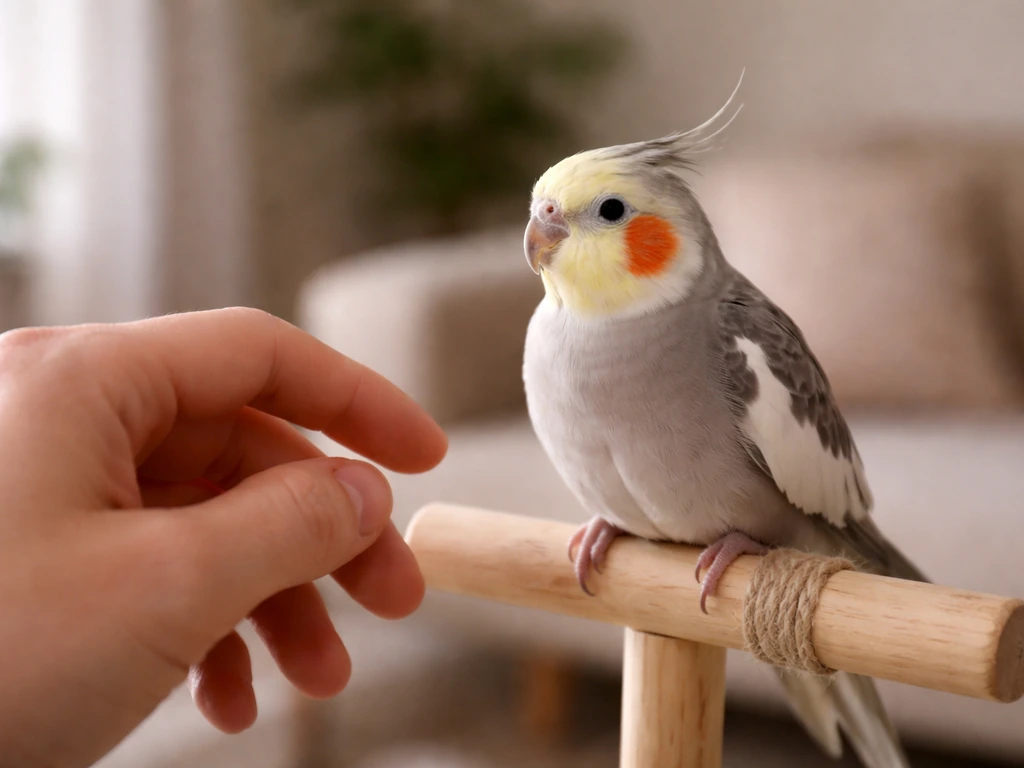Gentle hand at rest near a calm pet bird perched on a wooden stand, no cage in view.