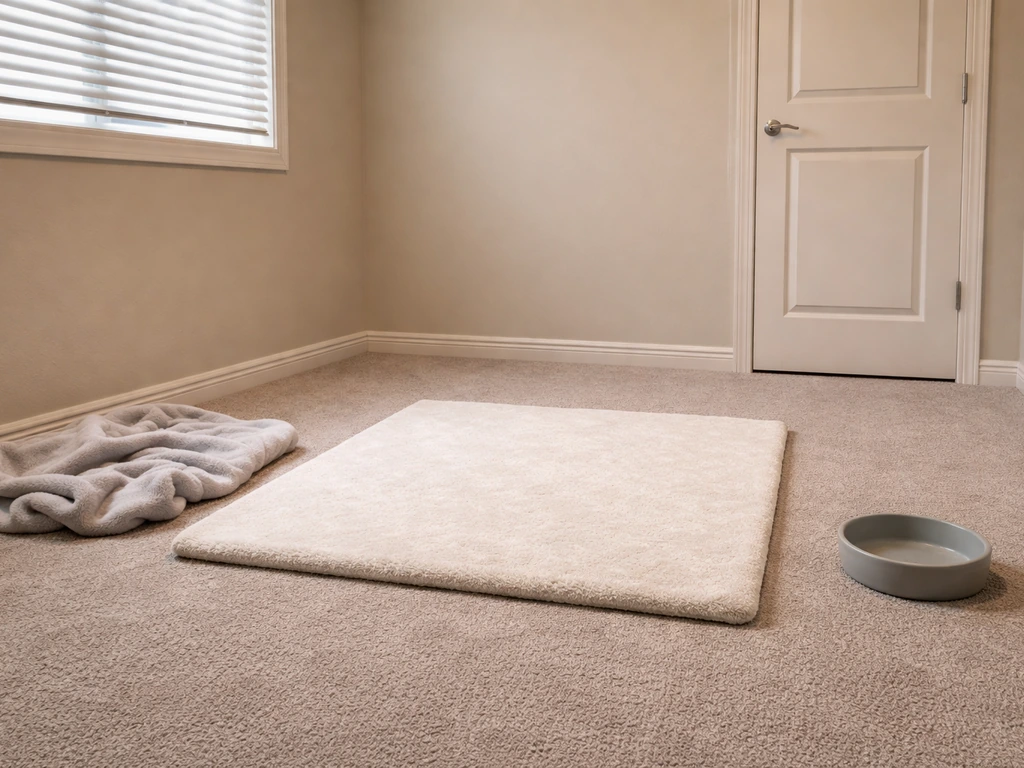Dim, quiet pet training room with a clean mat, closed door and windows, and minimal clutter.