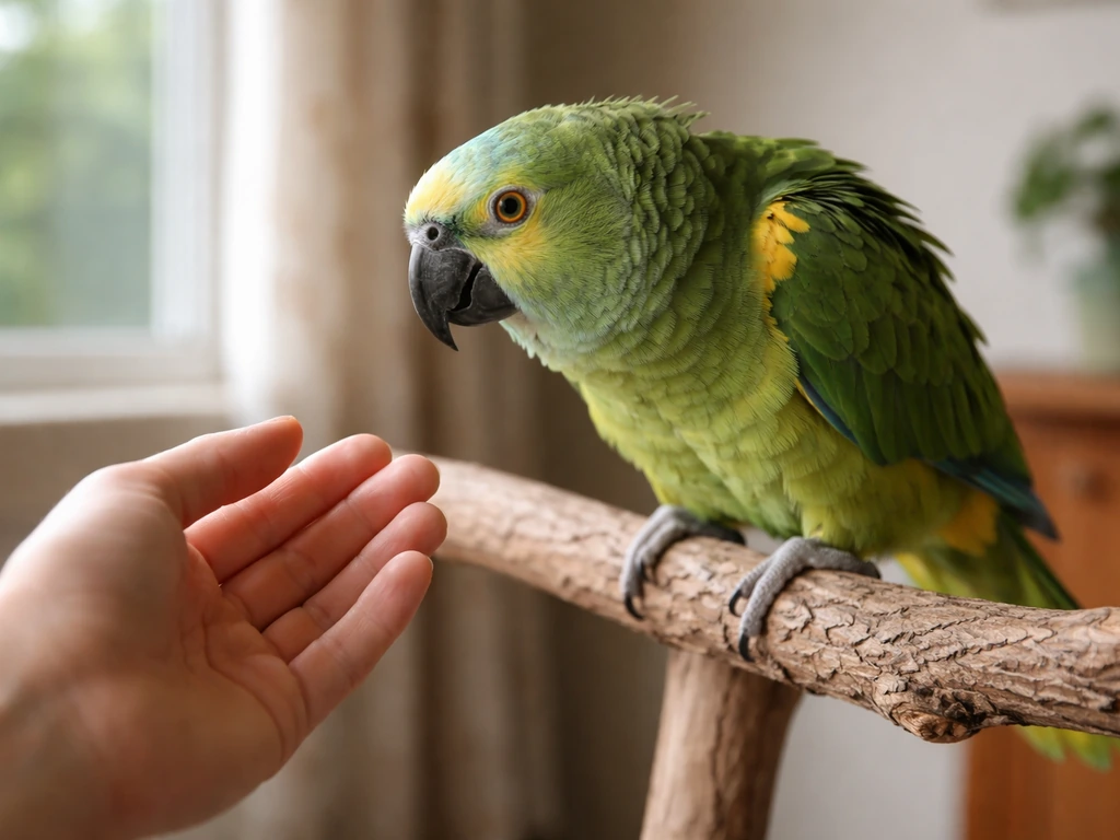 Medium/large parrot gently leaning toward a calm hand for trust-based petting