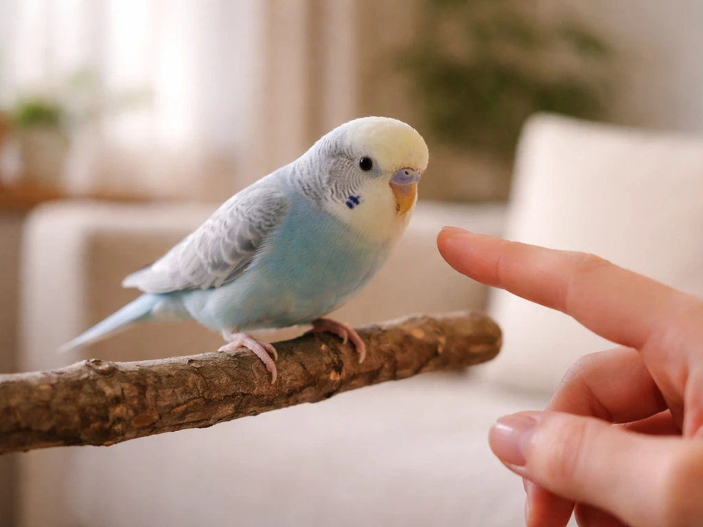 Calm pet bird steps toward a still outstretched finger in a cozy room, no cage visible.