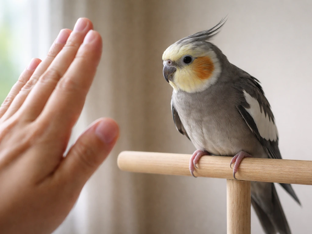 Pet bird with slicked feathers and tense posture while a caregiver hand is held back nearby.