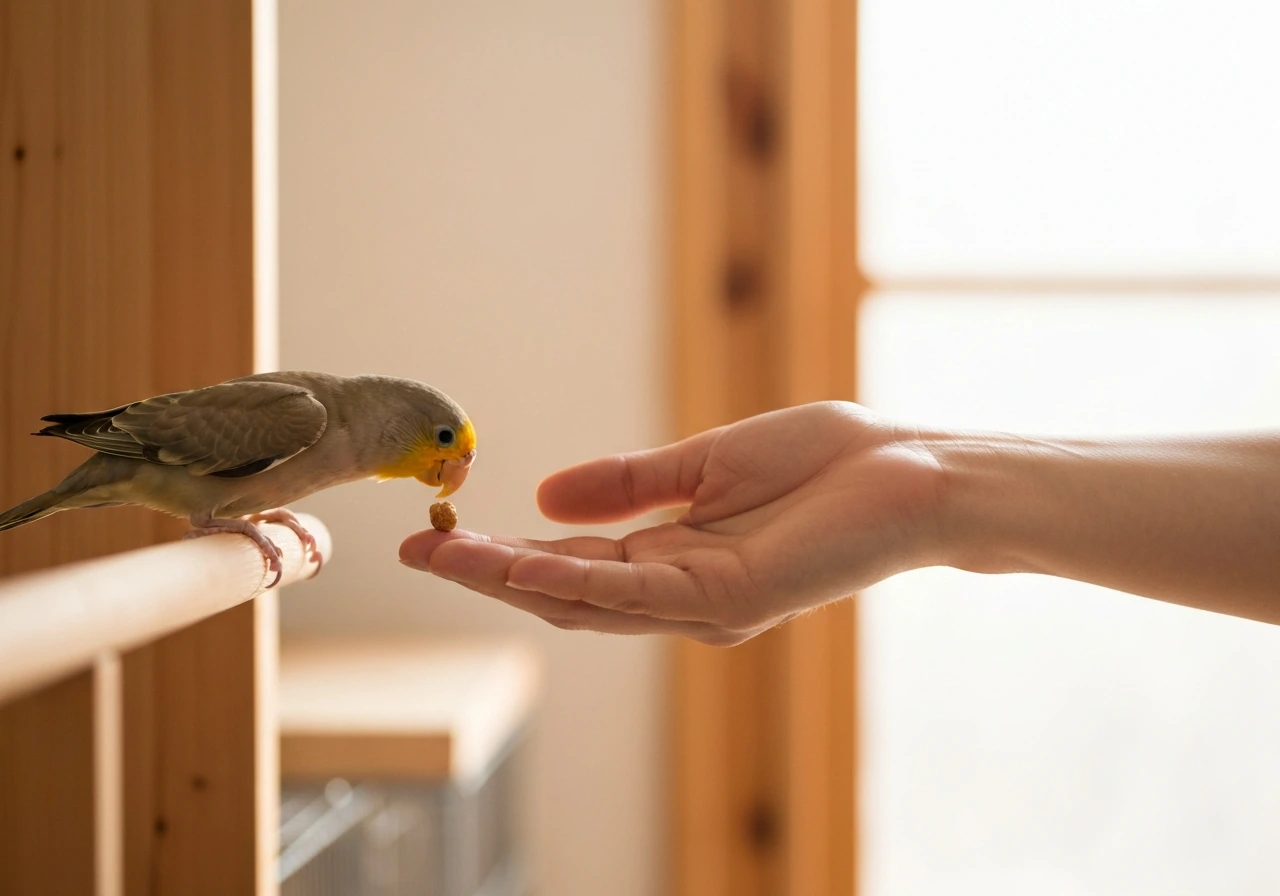 A calm hand offering a treat to a pet bird on a perch in soft natural light.
