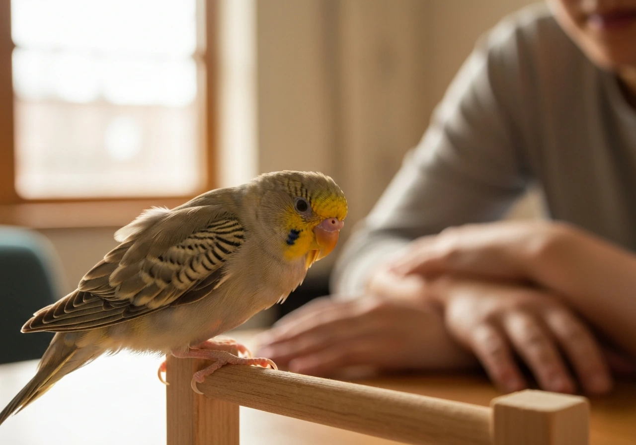 A small pet bird perched calmly near a person in a quiet, relaxed home setting