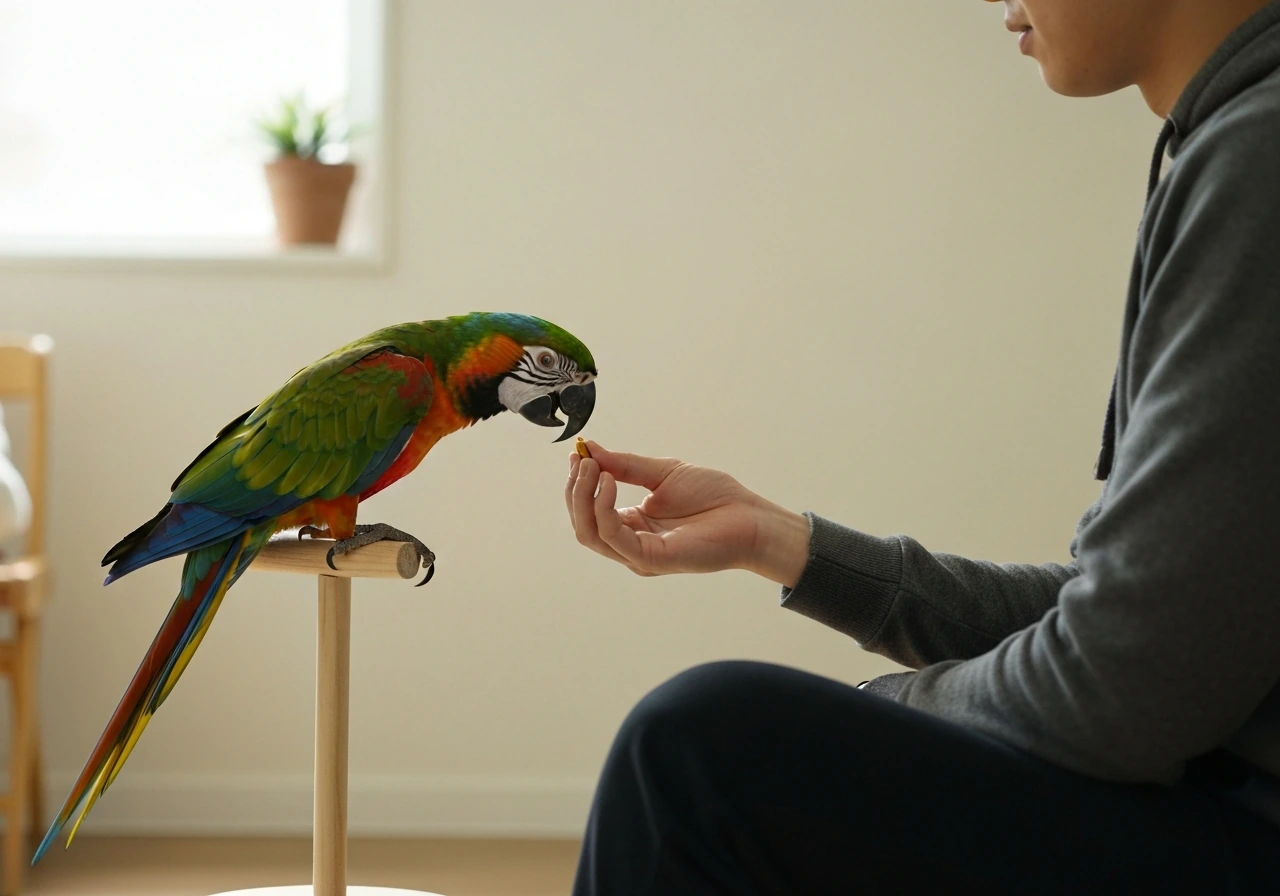 A calm parrot approaching a person’s hand while perched nearby in a cozy indoor setting