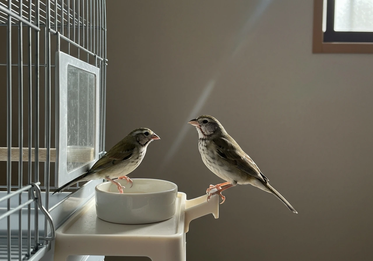 Small bird perched by its cage with a prepared treat dish for a consistent morning routine.