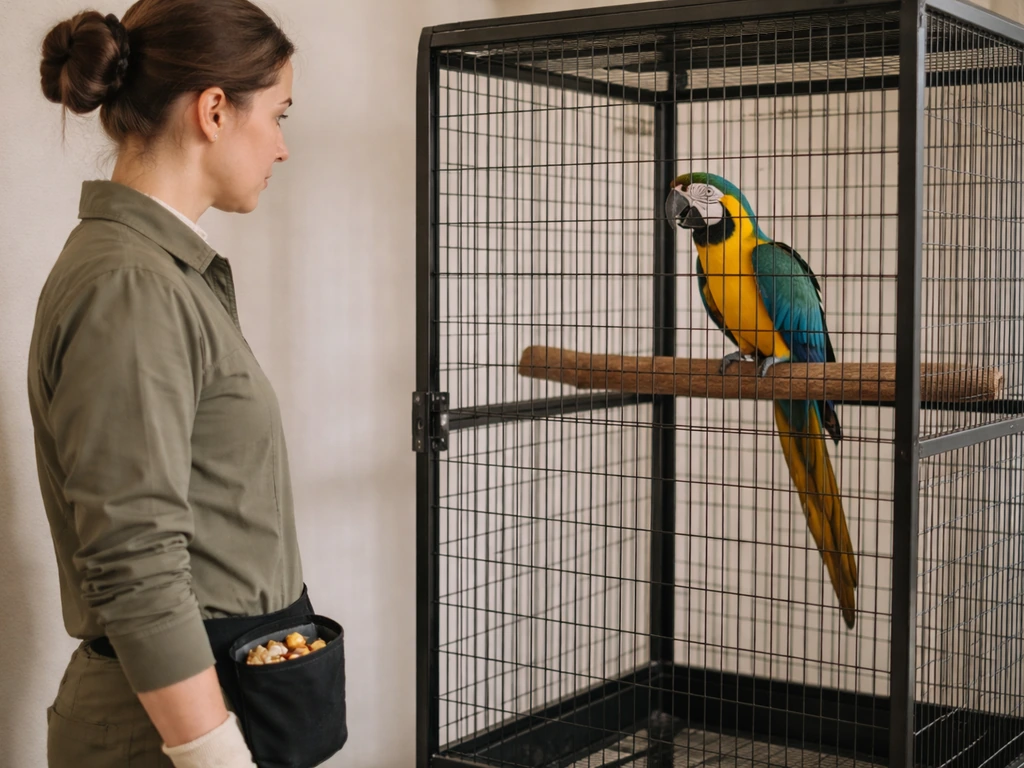 Person in long sleeves and gloves stands near a bird cage with a visible treat pouch by the perch