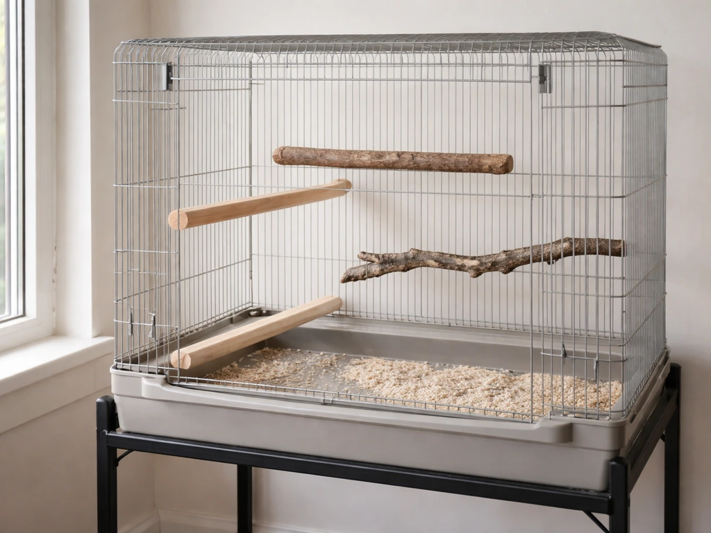 Humane training bird cage with varied perches, chew branch, and appropriate placement on a stand.