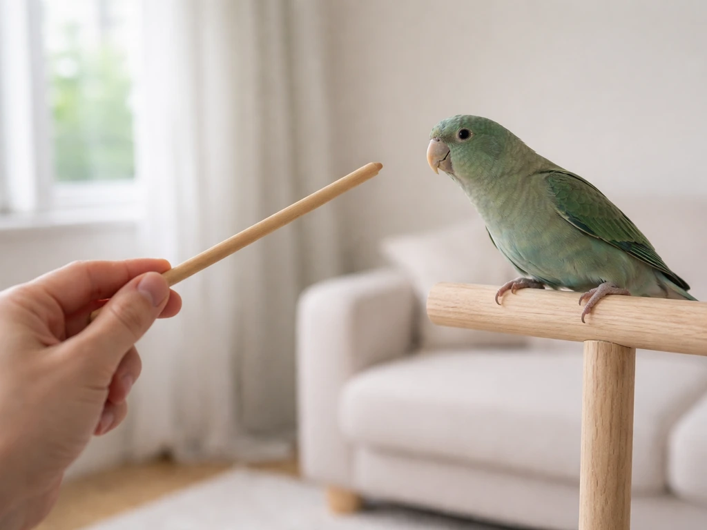 Small parrot on a perch leaning back as a hand pauses with a distant hand target.