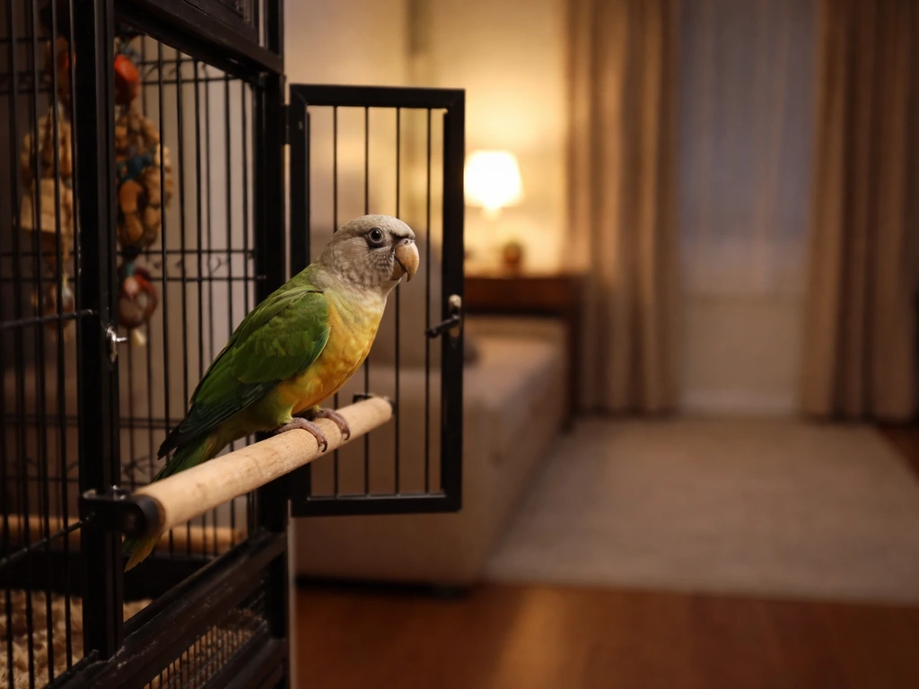 A startled small bird near an open cage door on a perch in a dim, calm room with no chasing setup.
