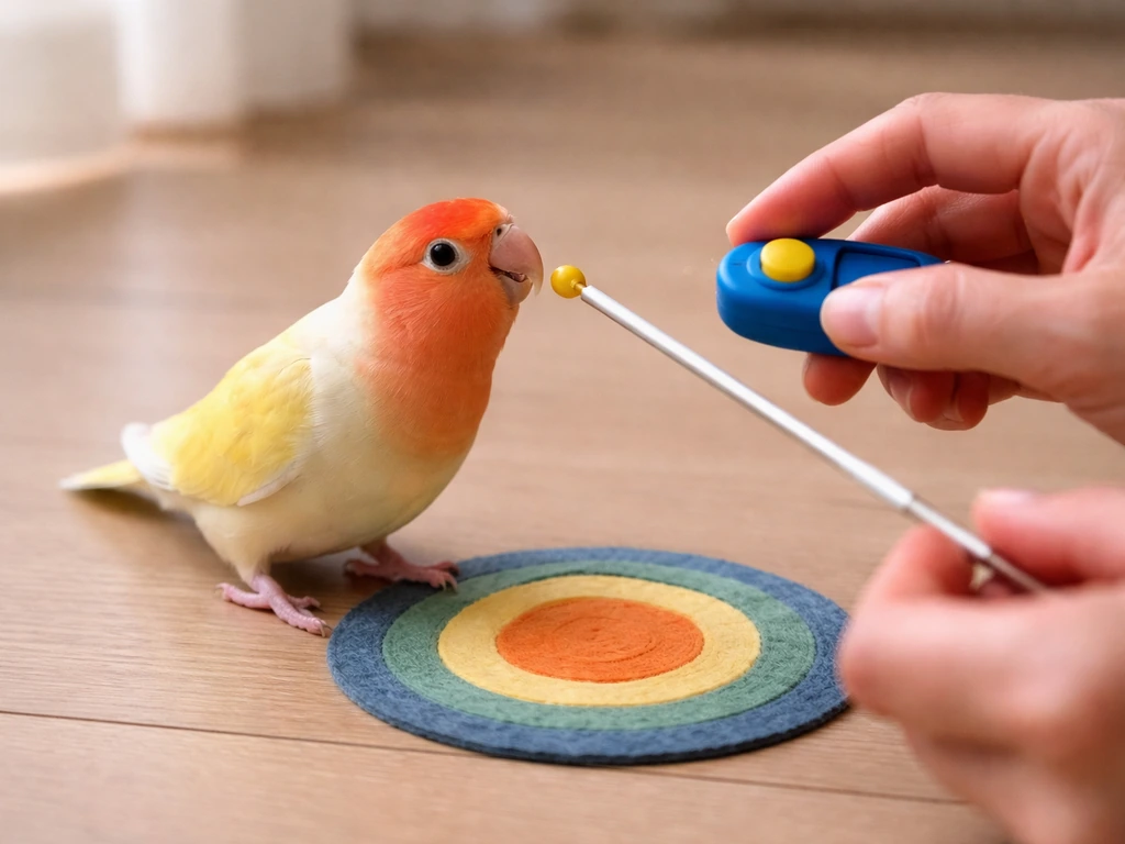 Hands guide a pet bird with a target stick while a clicker and treat are visible nearby.
