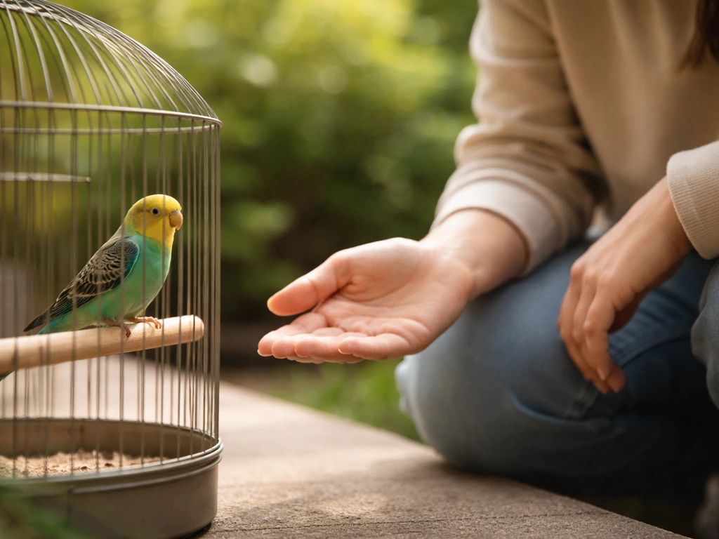 Person kneeling beside a birdcage, hand held low and calm while a small bird perches nearby.