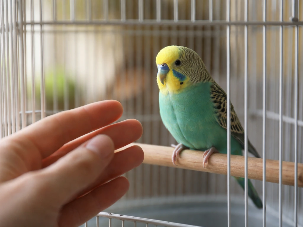 Close-up of a calm pet budgie on a perch with an outstretched hand near its cage