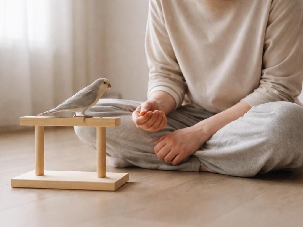 Calm person seated near a wooden perch as a small bird voluntarily steps onto it for a treat.