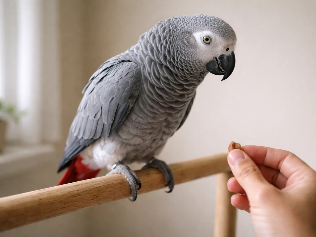 A calm pet parrot perched indoors, low treat in hand, relaxed posture suggesting positive reinforcement training.